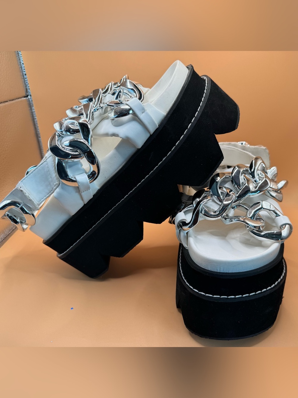 Dolls Kill Pink Kiss Chunky Chain Platform Sandals White Silver Size 8